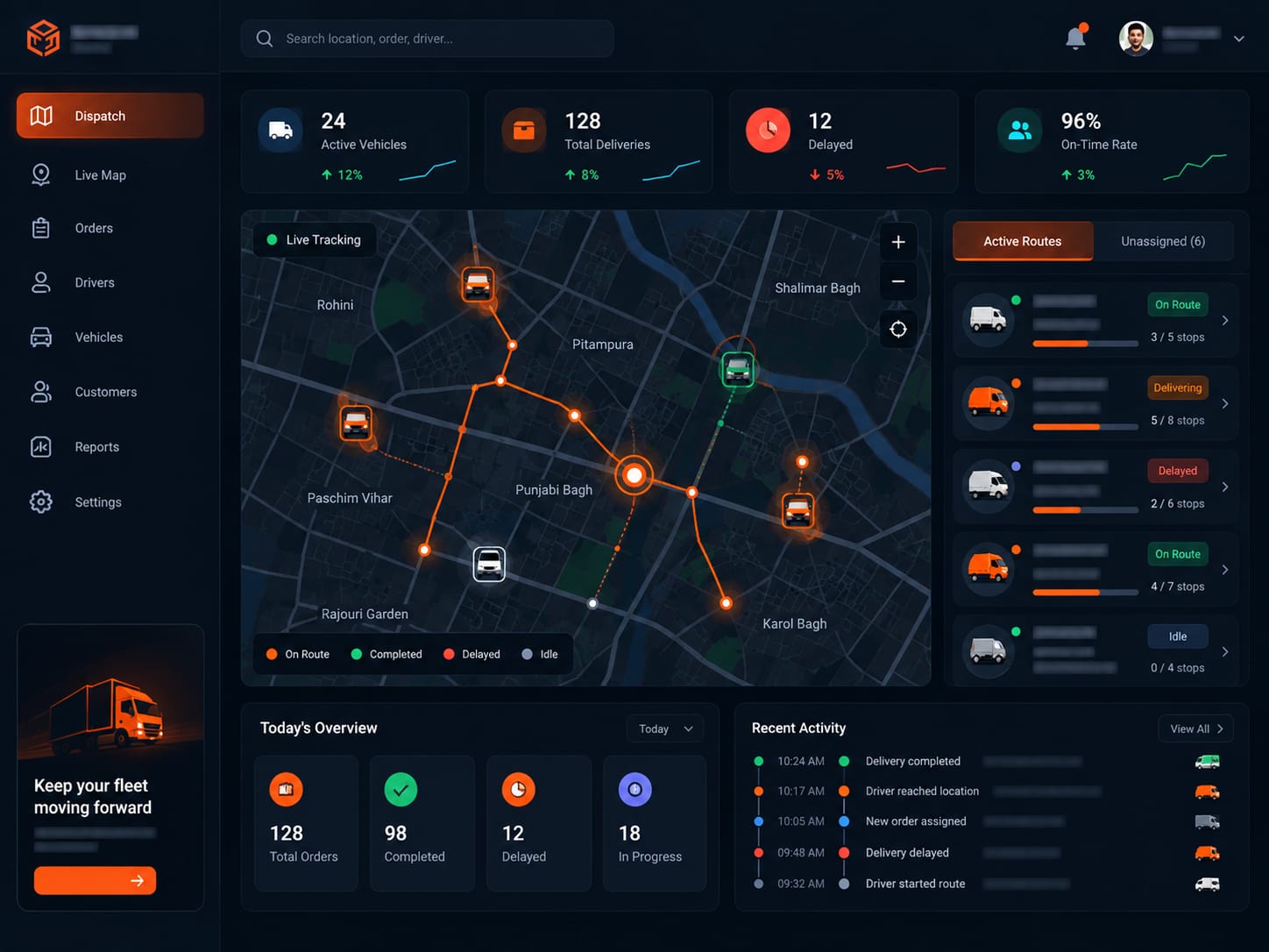 FleetPro dispatch console screenshot